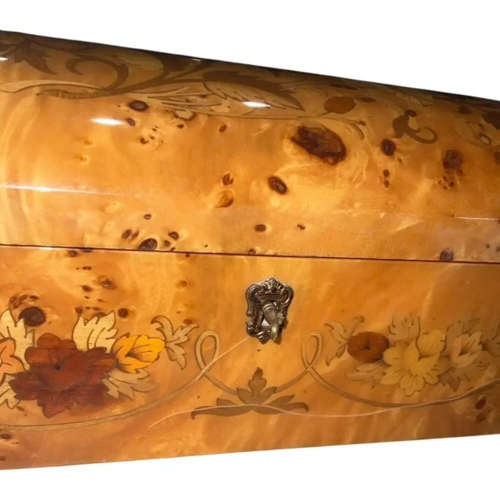 Pristine Italian Inlayed Wood Music Box 2 Level Jewelry Box Plays Isle Of Capri